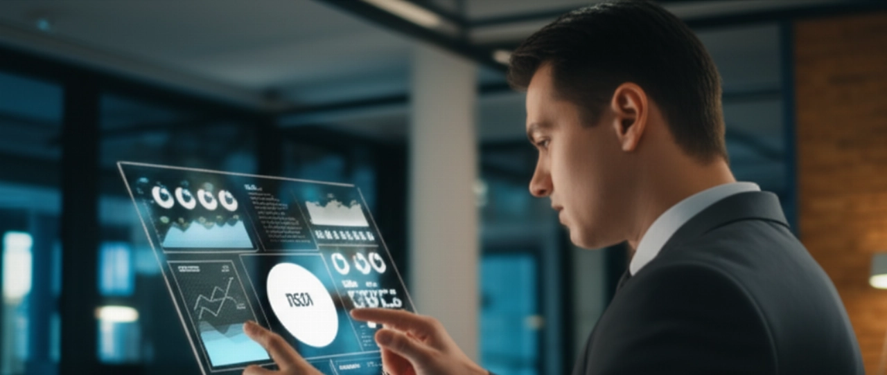 Un professionista finanziario caucasico analizza una dashboard digitale con grafici di investimento e-commerce e proiezioni di ROI, rappresentando la valutazione strategica dei costi.