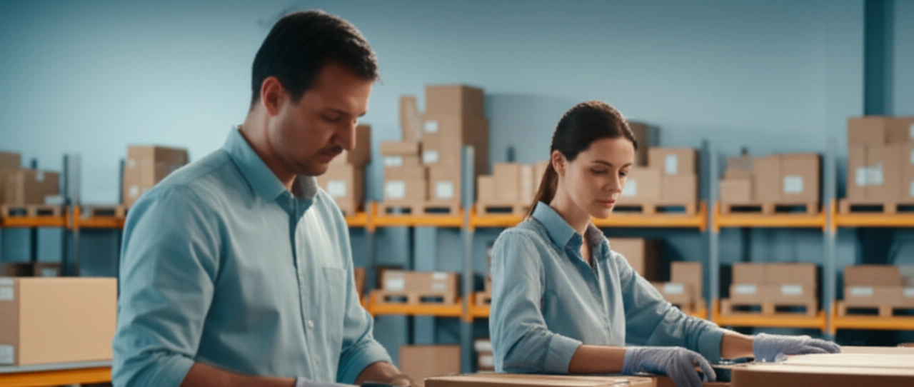Un uomo e una donna caucasici smistano e scansionano in modo efficiente i pacchi e-commerce restituiti in un magazzino pulito e moderno, illustrando operazioni di gestione dei resi ottimizzate.