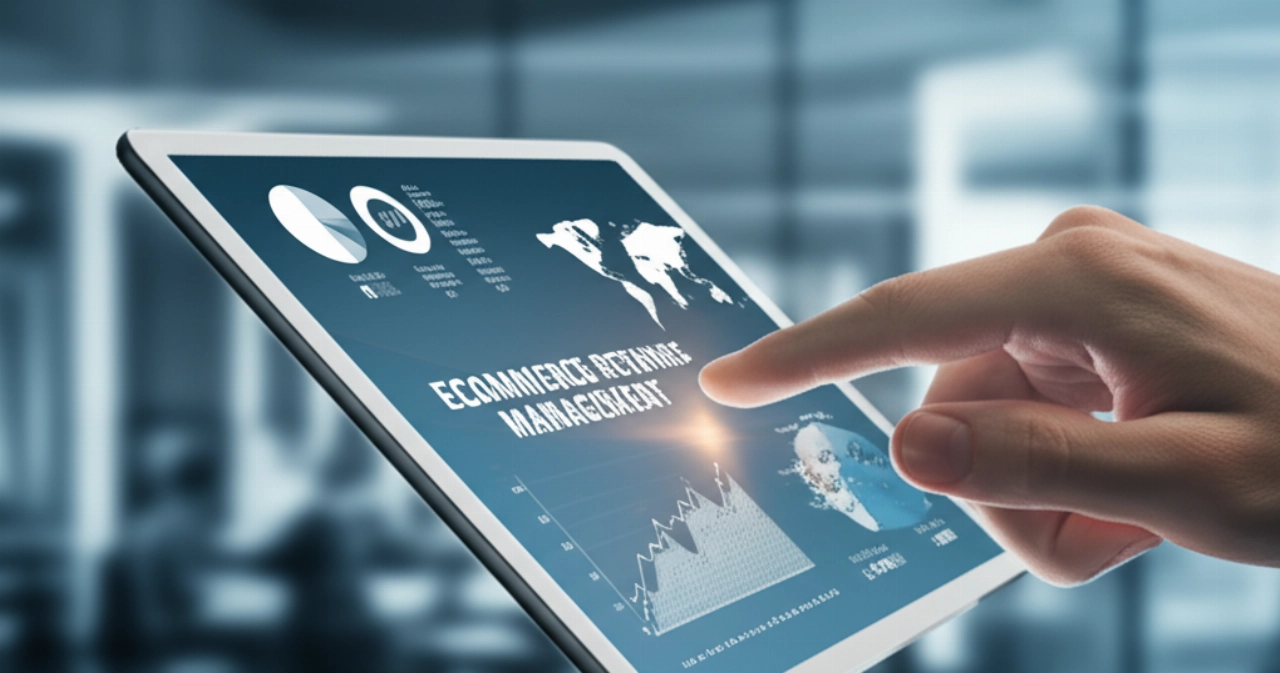 Una mano caucasica interagisce con un tablet che mostra una dashboard di gestione dei resi e-commerce con analisi, illustrando l'efficienza basata sulla tecnologia nella gestione dei resi.