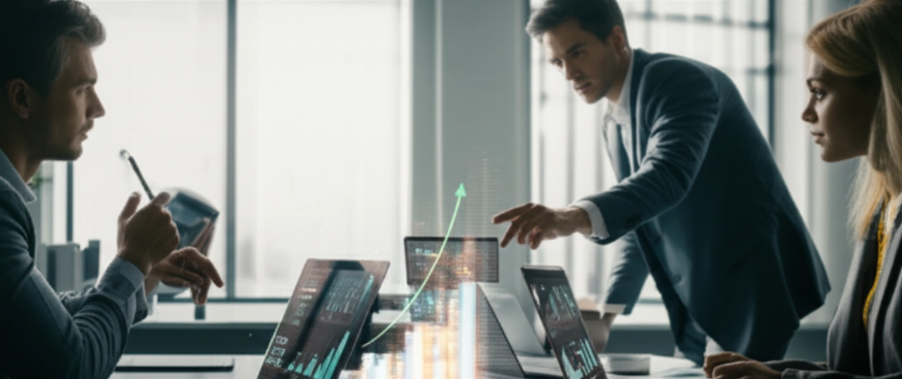 Un team di professionisti caucasici che collaborano attorno a un tavolo, analizzando dati su laptop e tablet, rappresentando la pianificazione strategica per il ROI dell'e-commerce.