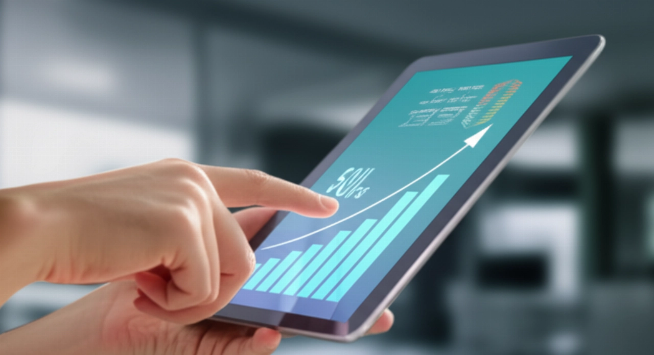 Un primo piano di una mano caucasica che tiene un tablet che mostra una dashboard con metriche finanziarie positive, simboleggiando il calcolo del ROI dell'e-commerce.