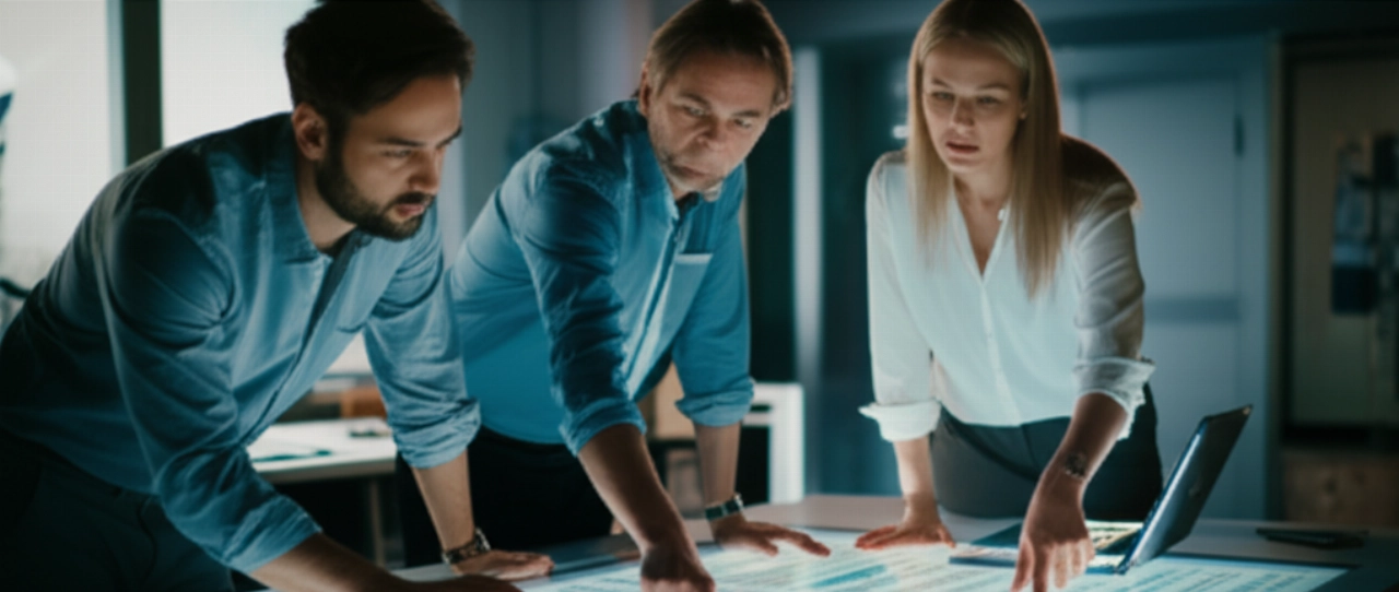 Un team di professionisti caucasici che collaborano alla strategia SEO attorno a un display digitale interattivo, simboleggiando il marketing basato sui dati.