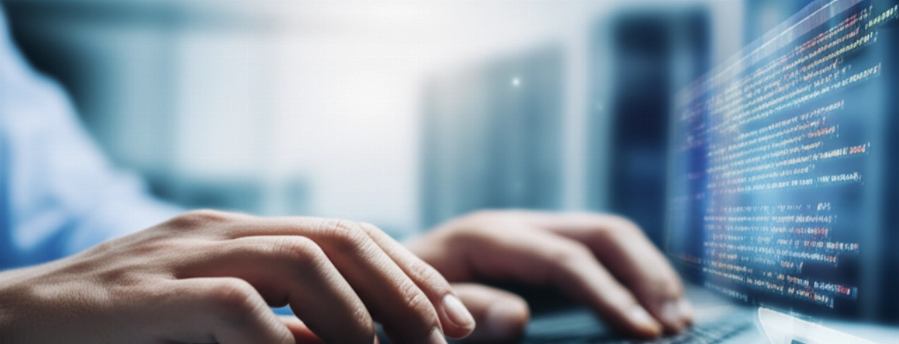 Mani che digitano su una tastiera, eseguendo un audit SEO e-commerce dettagliato.
