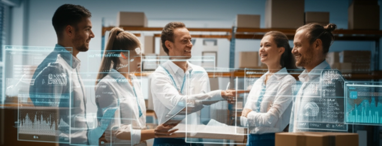 Professionisti d'affari caucasici celebrano il successo in un ambiente e-commerce, con schermi che mostrano risultati SEO positivi come traffico organico aumentato e ROI, simboleggiando un investimento di costo efficace.