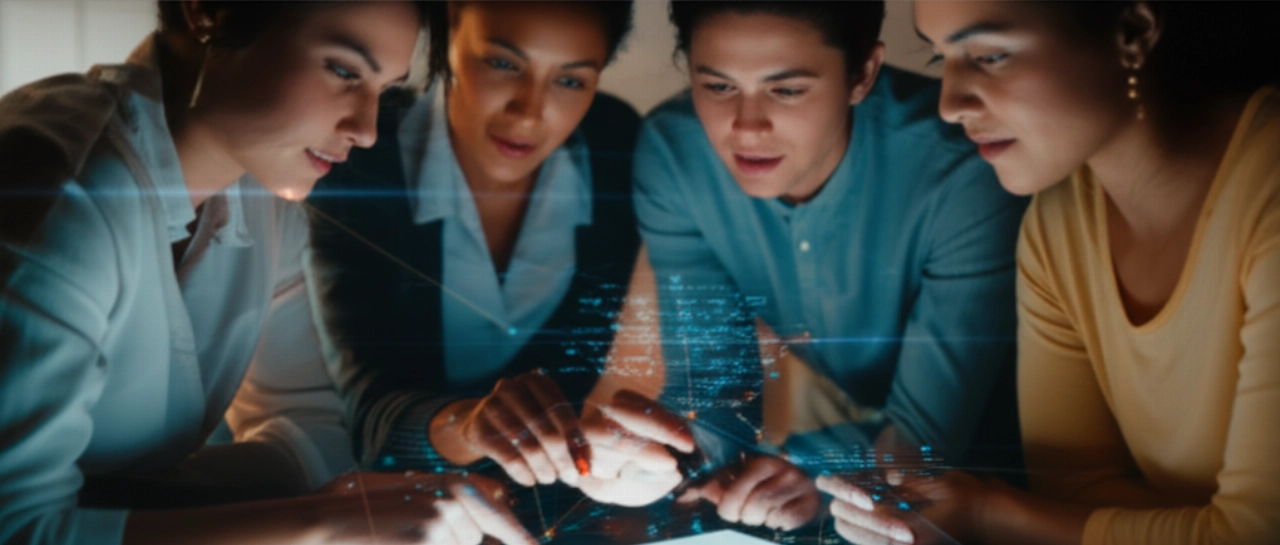 Immagine iperrealistica di professionisti caucasici che collaborano su un sito web e-commerce con sottili visualizzazioni di dati SEO.