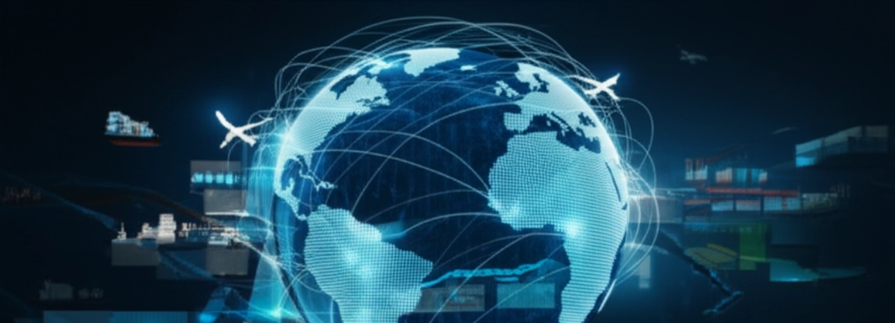 Un rendering 3D iperrealistico di un globo luminoso con rotte di spedizione, circondato da scatole di spedizione generiche e flussi di dati astratti, che simboleggia la spedizione e-commerce globale.