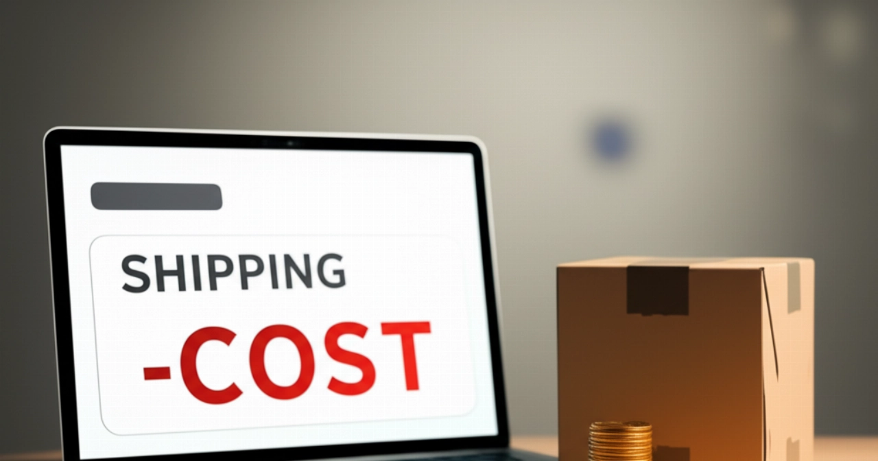 Una foto da studio minimalista che mostra uno schermo con costi di spedizione ridotti, una scatola di spedizione generica e una pila di monete, che simboleggia la spedizione e-commerce conveniente.