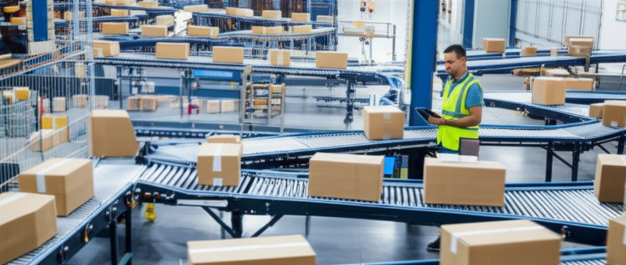 Una scena dinamica in un moderno magazzino e-commerce, che mostra pacchi in rapido movimento su nastri trasportatori, con un supervisore caucasico che controlla il processo automatizzato da una piattaforma elevata.