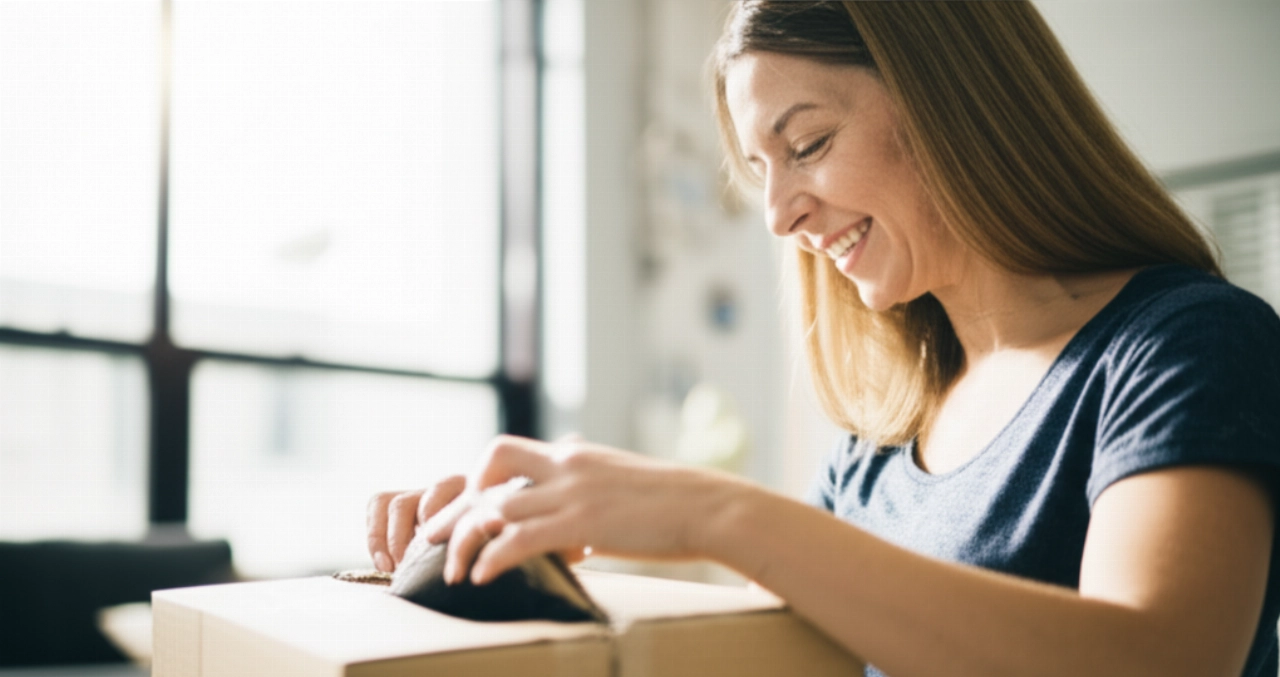 Una donna caucasica spacchetta felicemente un pacco nel suo luminoso soggiorno, mostrando la soddisfazione di ricevere un ordine e-commerce ben consegnato.