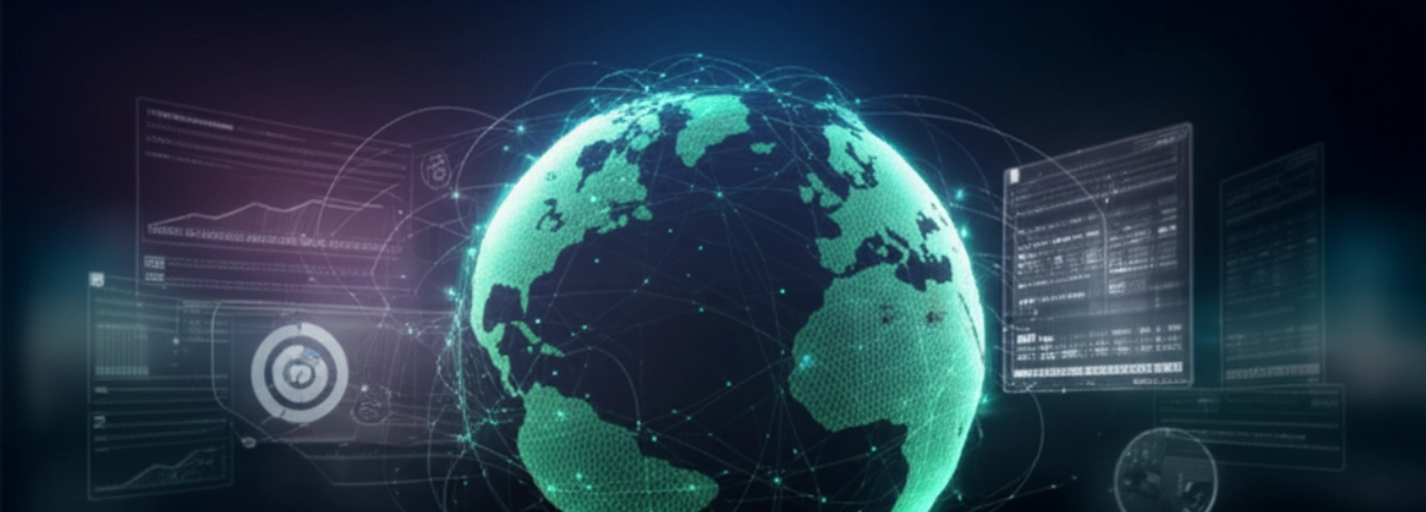 Un globo digitale luminoso con flussi di dati interconnessi e moduli fiscali traslucidi, che simboleggiano la gestione fiscale e-commerce globale e la conformità senza interruzioni.