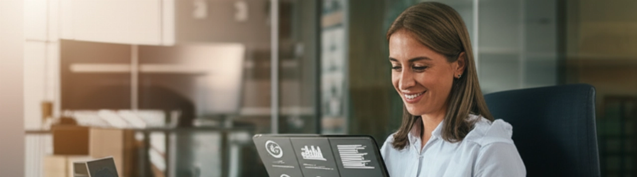 Una fiduciosa imprenditrice caucasica che esamina i risultati finanziari positivi su un tablet, con uno sfondo e-commerce sfocato, simboleggiando la tranquillità attraverso una gestione fiscale efficace.