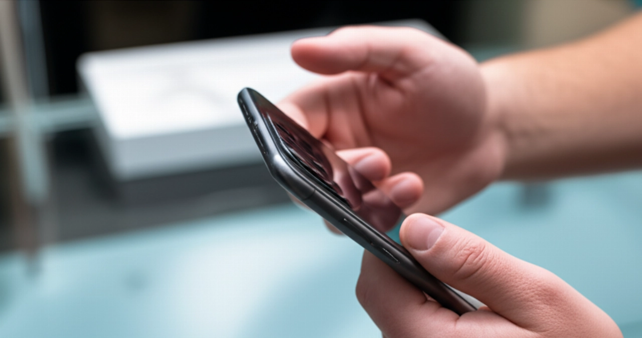 Primo piano di mani caucasiche che esaminano un gadget elettronico premium, suggerendo prodotti e-commerce di qualità.