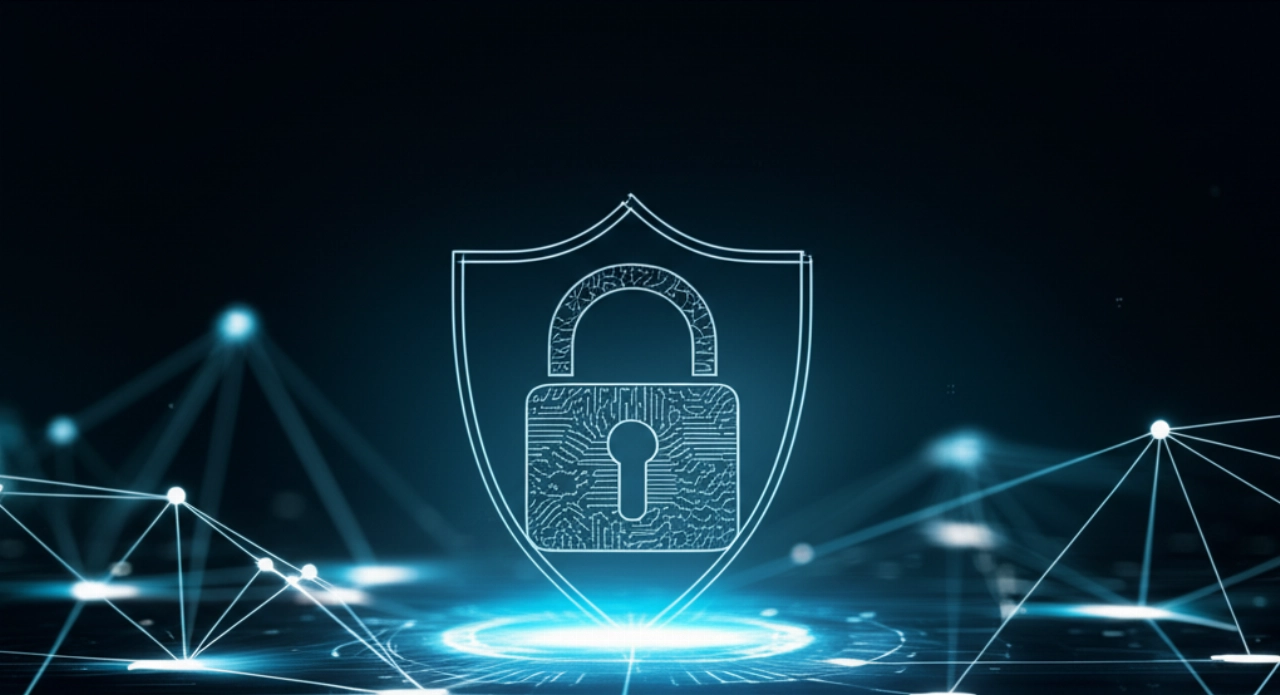 Uno scudo digitale luminoso o un lucchetto che protegge le reti di dati e-commerce, simboleggiando la cybersecurity e l'integrità dei dati per gli audit tecnici.
