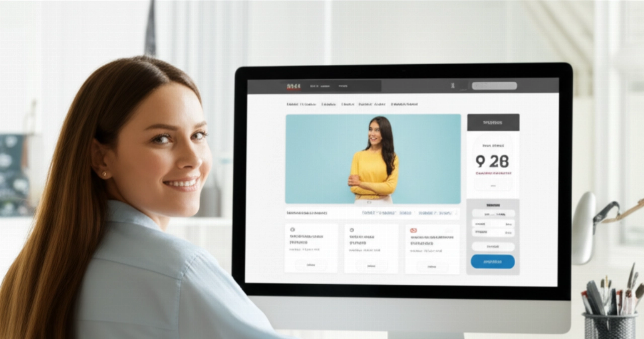 Una donna caucasica sorridente che guarda un monitor che mostra una pagina di conferma del checkout e-commerce chiara e ridisegnata.