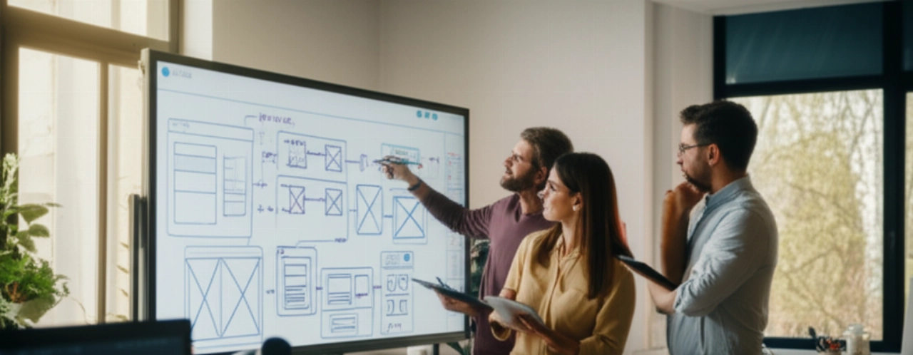 Designer UX/UI caucasici che collaborano attorno a una lavagna digitale, discutendo wireframe e-commerce in uno studio moderno.