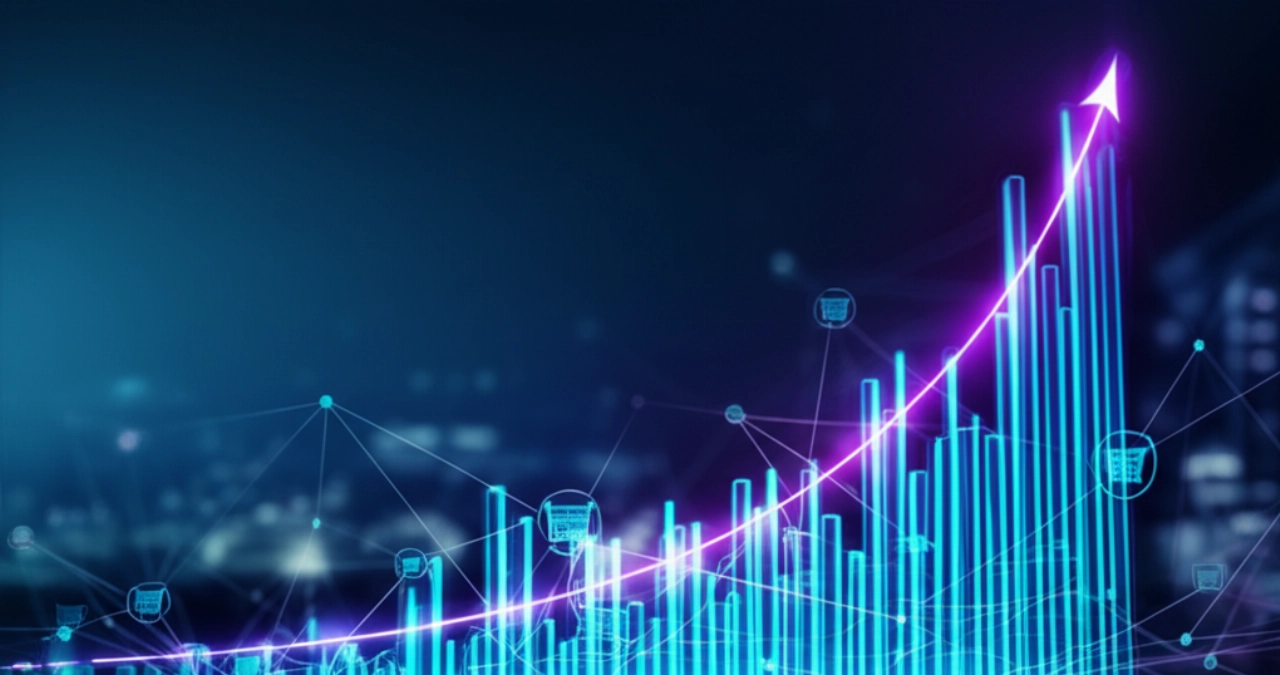 Un paesaggio digitale astratto e iperrealistico che raffigura la crescita dell'e-commerce con flussi di dati luminosi, un grafico in aumento e sottili icone di carrello, a simboleggiare innovazione e portata globale.