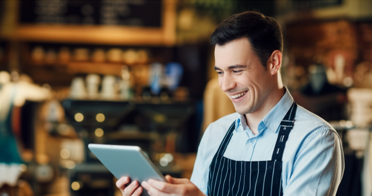Un'immagine iperrealistica di un felice proprietario caucasico di una piccola attività che guarda un tablet, mostrando un negozio online fiorente, con il suo vivace negozio fisico sullo sfondo, a simboleggiare il successo.