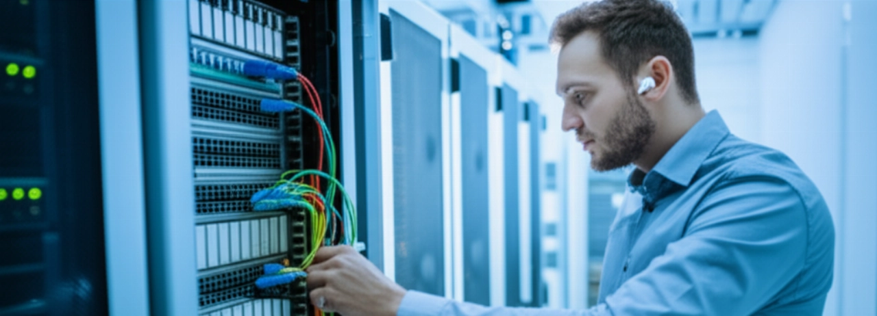 Un tecnico IT caucasico che esegue la manutenzione su rack di server in un data center per l'e-commerce.