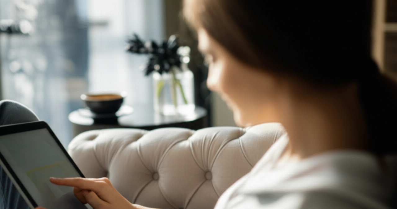 Una donna caucasica naviga comodamente su un sito web e-commerce su un tablet in un salotto moderno e soleggiato, trasmettendo un'esperienza di shopping online fluida.