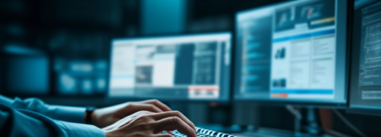 Primo piano delle mani di uno sviluppatore web caucasico che codifica un complesso sito web e-commerce su più monitor in uno spazio di lavoro tecnologico moderno, simboleggiando la creazione digitale.