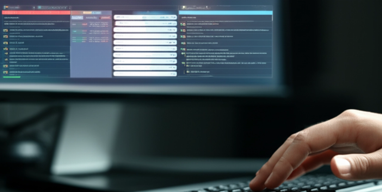 Primo piano di mani che digitano su una tastiera, con uno schermo sullo sfondo che mostra un sistema di gestione dei contenuti e-commerce con traduzione linguistica affiancata, che rappresenta la localizzazione precisa del sito web.