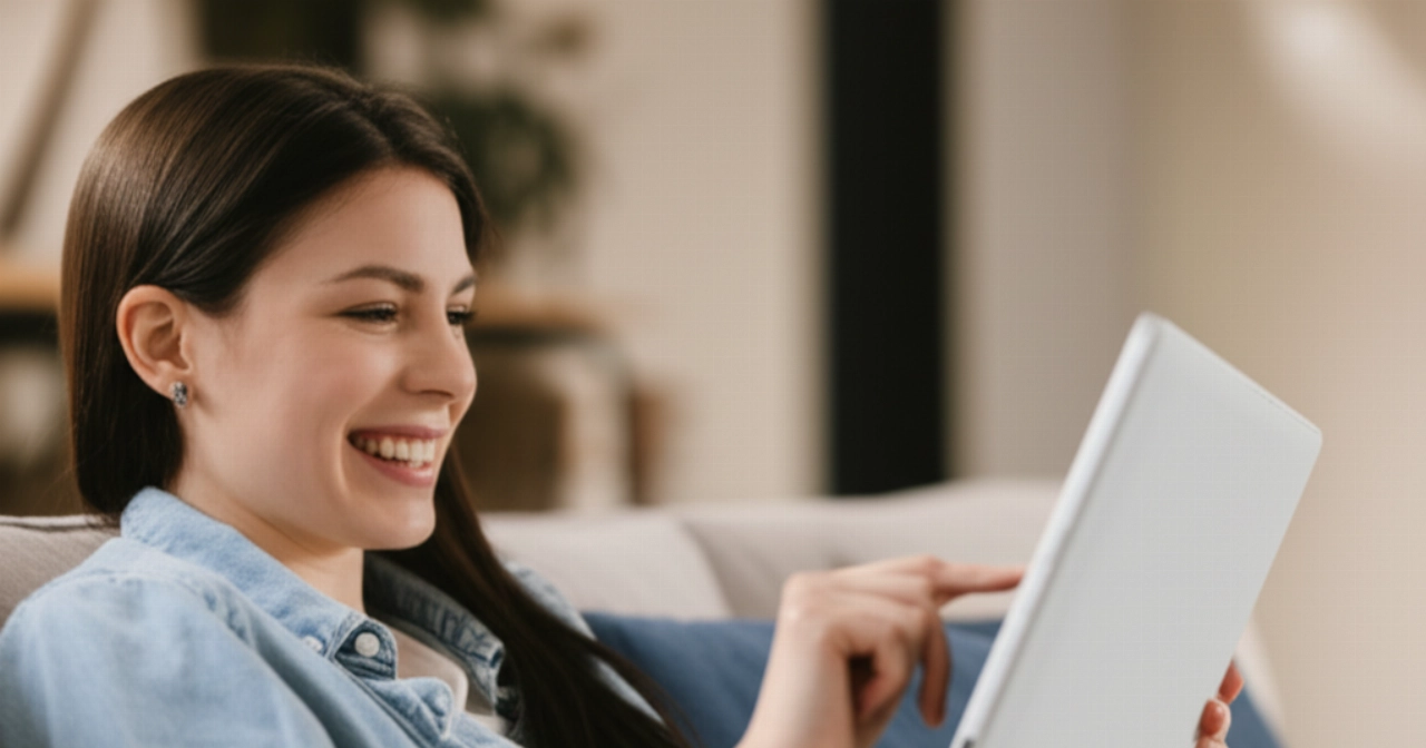 Una donna caucasica sorridente che naviga su un sito web e-commerce su un tablet, con lo schermo che mostra valuta estera e una lingua non inglese, illustrando un'esperienza di shopping globale senza interruzioni.