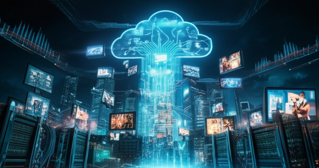 Una futuristica città digitale di vetrine e-commerce che cresce verso una nuvola, con sottili linee luminose che rappresentano l'infrastruttura sottostante e i costi di scalabilità.