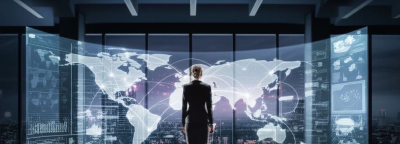 Un dirigente caucasico in un centro di comando ad alta tecnologia osserva una mappa olografica di rete globale che mostra transazioni e-commerce.