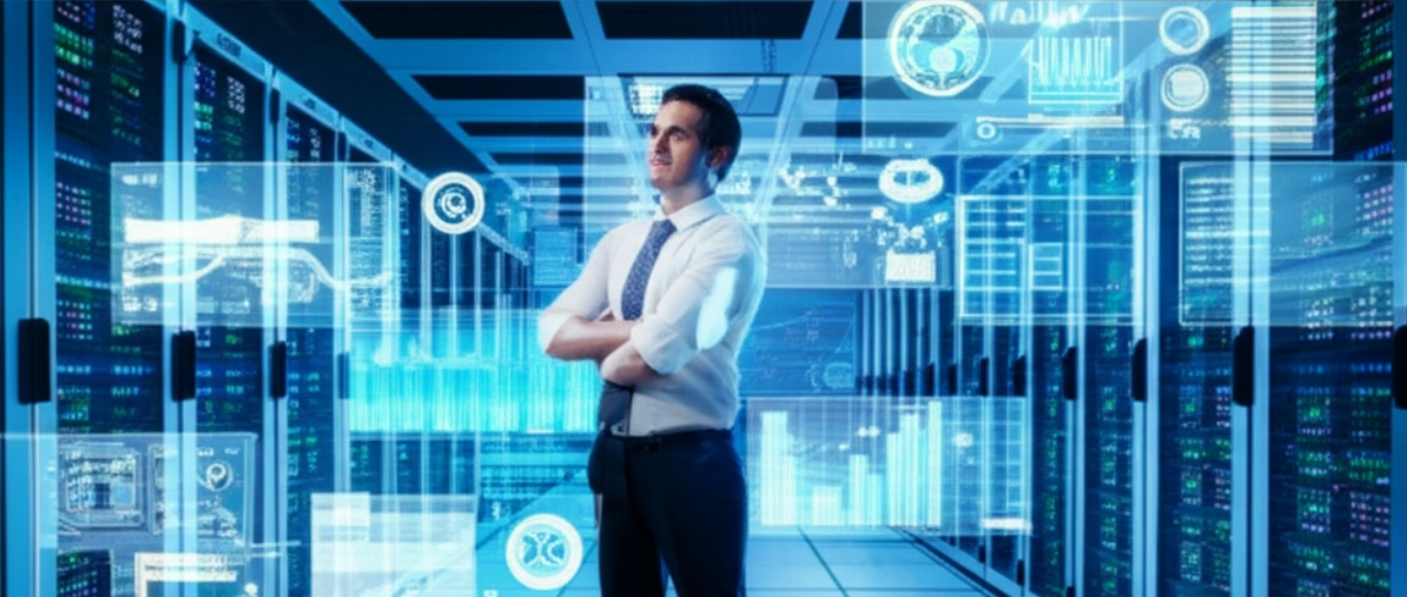 Un dirigente caucasico in un moderno data center supervisiona l'analisi e-commerce in tempo reale e l'ottimizzazione della catena di approvvigionamento.