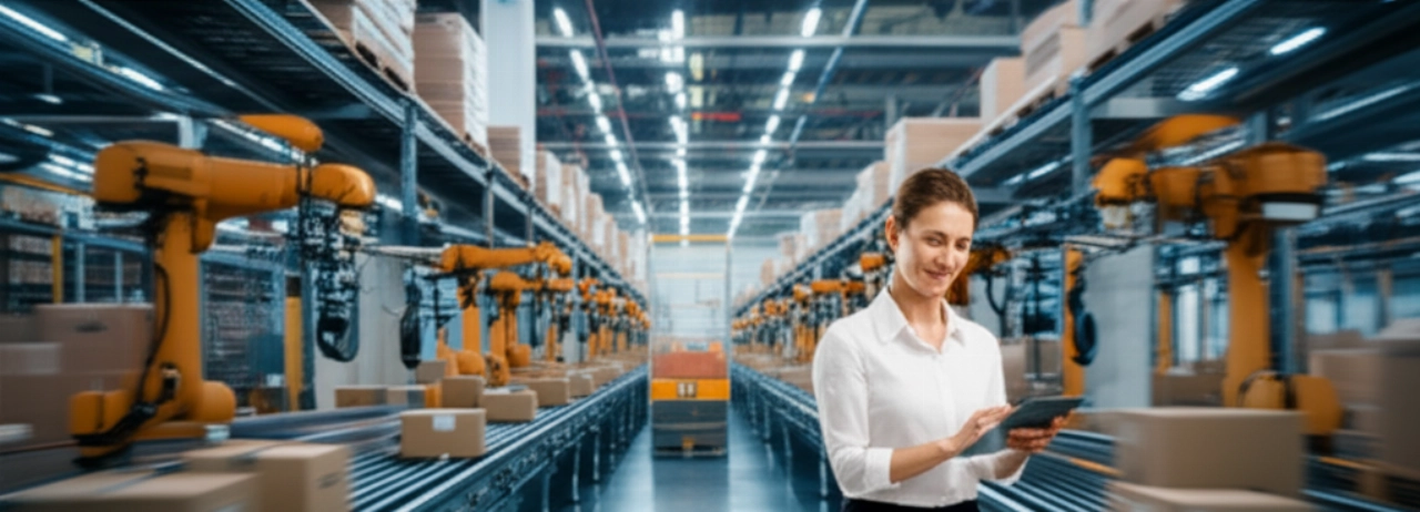 Una ripresa cinematografica iperrealistica di un centro di smistamento e-commerce automatizzato con pacchi su nastri trasportatori e bracci robotici, una responsabile logistica caucasica che esamina i dati su un tablet, simboleggiando operazioni ottimizza