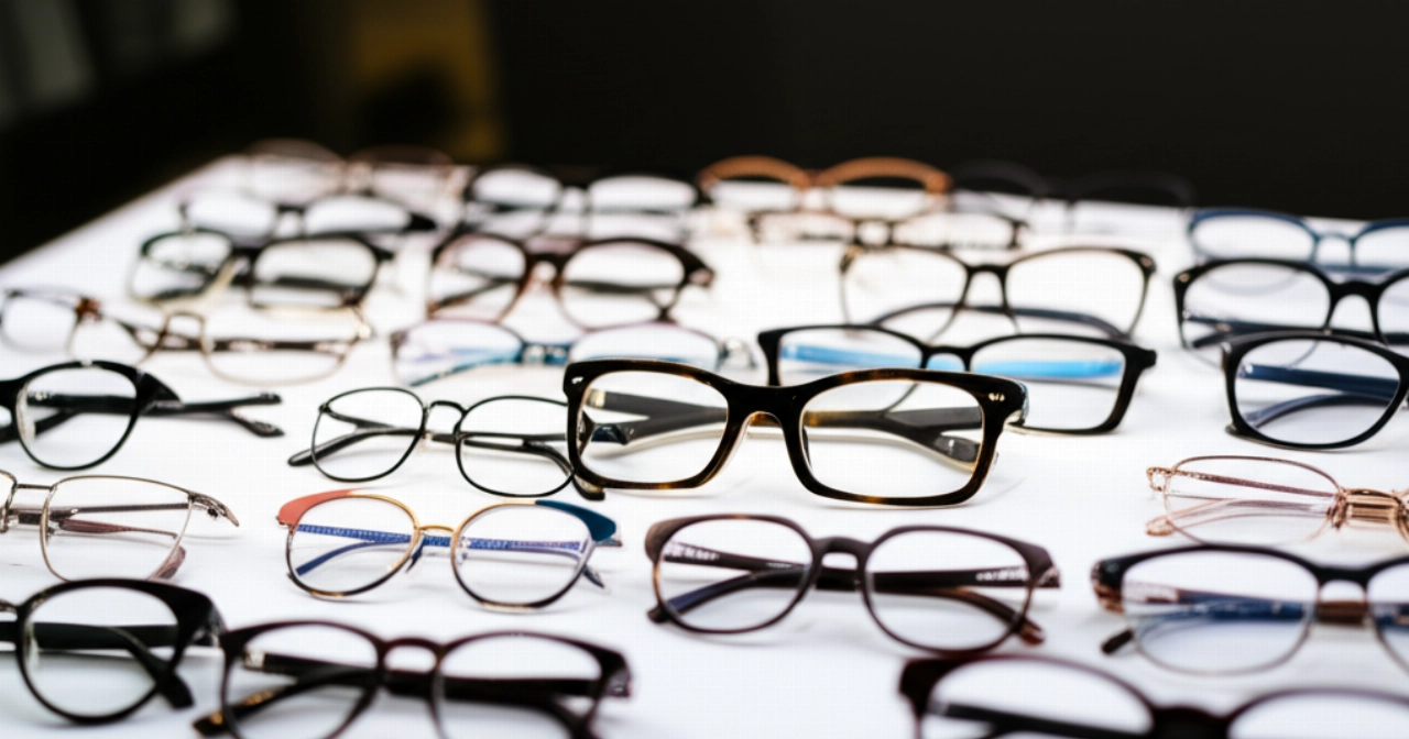 Una disposizione impeccabile di montature di occhiali diverse e di alta qualità su una superficie bianca minimalista, che mostra varietà e artigianato premium per la selezione online.
