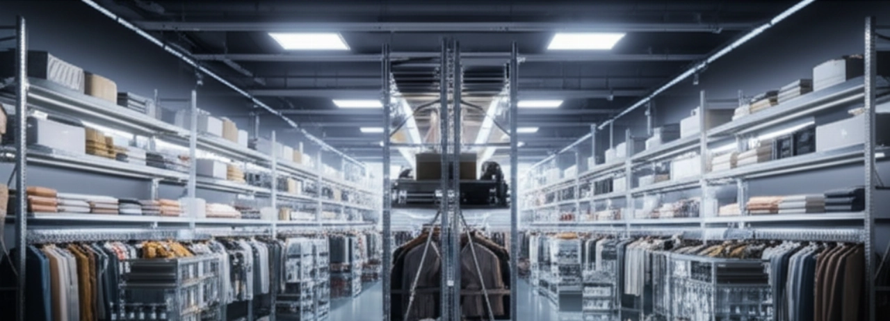 Magazzino di moda high-tech meticolosamente organizzato con diversi articoli di lusso, che enfatizza la gestione efficiente dell'inventario.