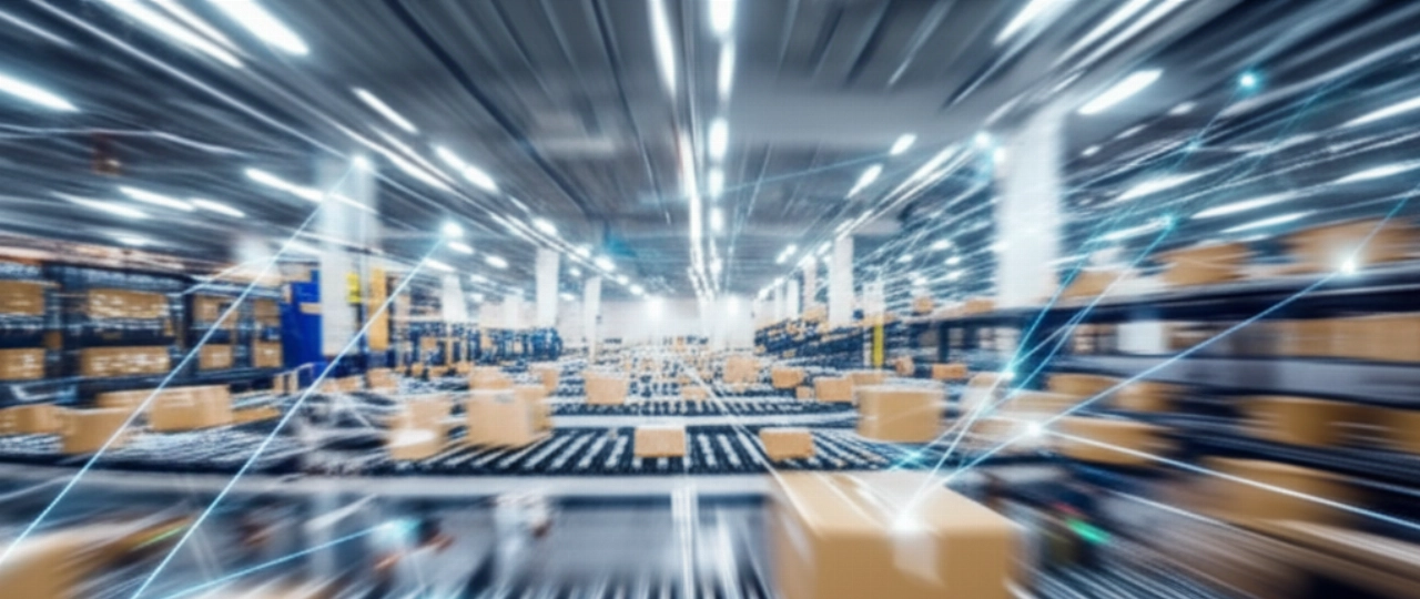 Un impianto logistico altamente automatizzato con pacchi che si muovono su nastri trasportatori, con una sottile sovrapposizione di flussi di dati digitali, a simboleggiare operazioni efficienti e integrate.