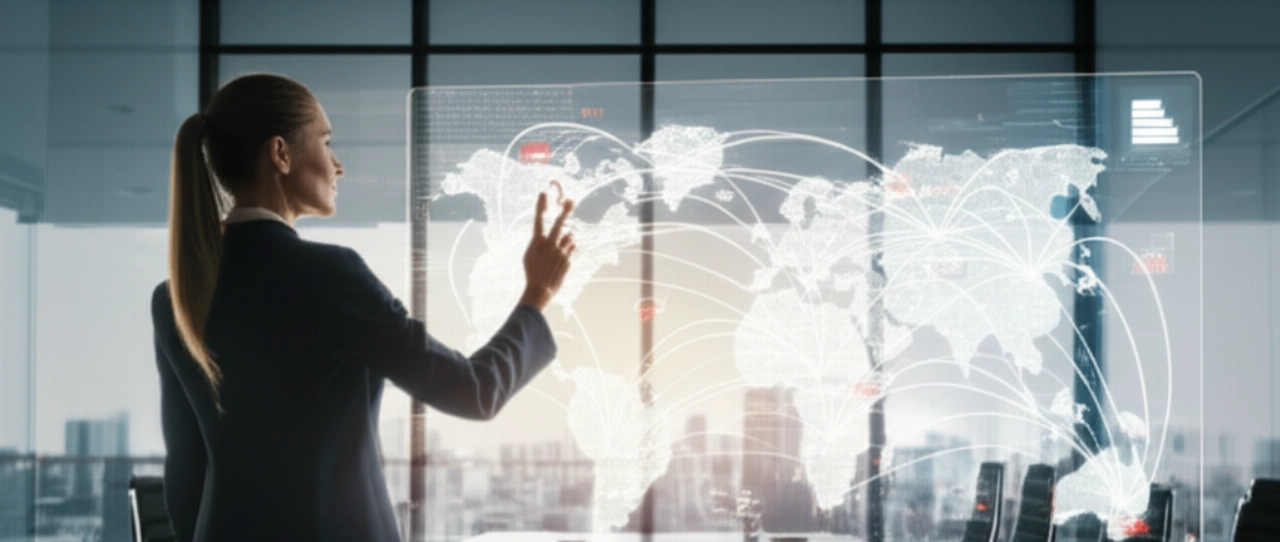 Una dirigente caucasica in una sala riunioni moderna, che indica un grande schermo interattivo che mostra una mappa globale interconnessa con linee di dati, simboleggiando la logistica globale e la pianificazione strategica.