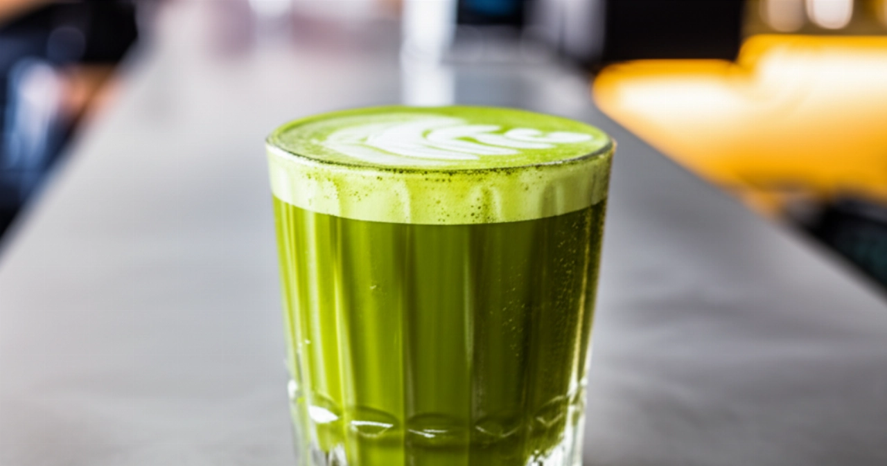 Immagine iperrealistica di un vivace matcha latte verde in un bicchiere trasparente con condensa, su un bancone di cemento lucidato, che ne evidenzia la freschezza.