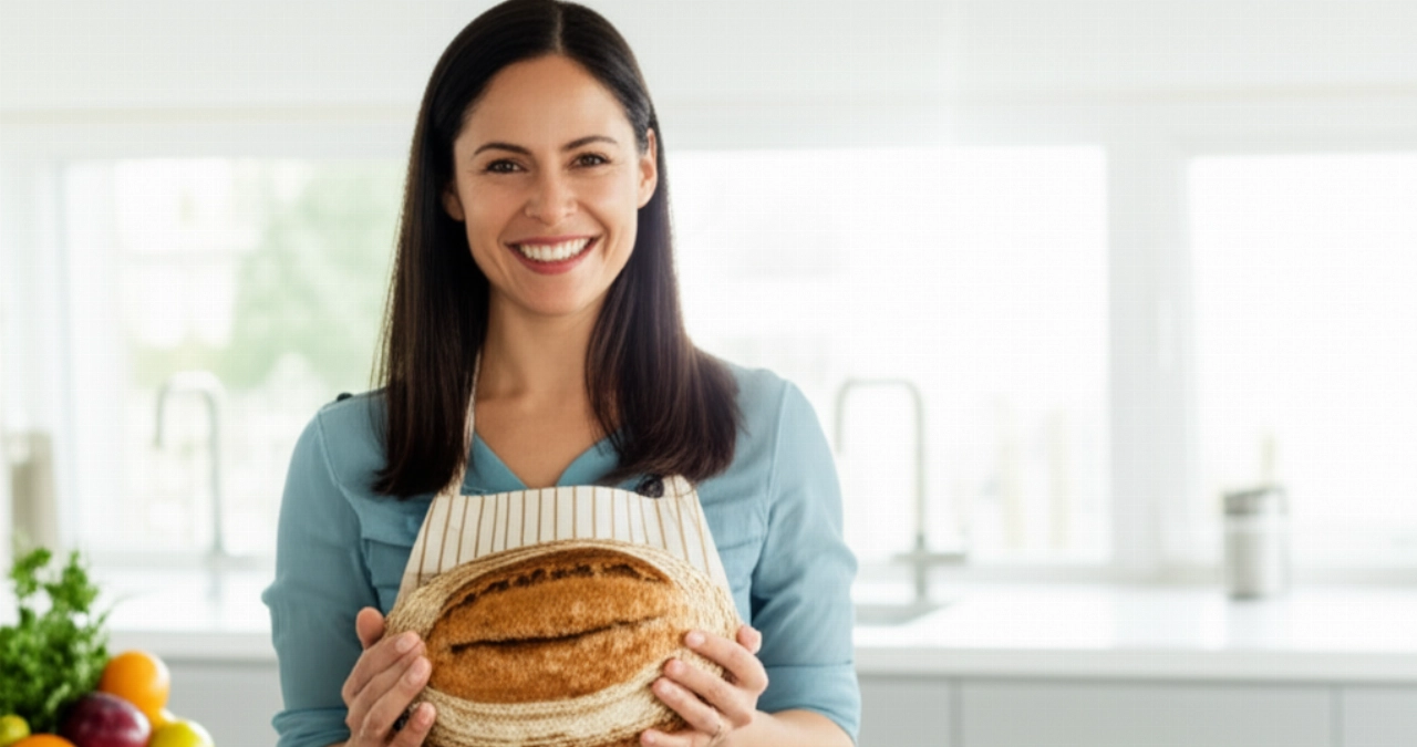 Immagine iperrealistica di una donna caucasica felice che tiene un pane artigianale appena sfornato in una cucina moderna illuminata dal sole, trasmettendo calore e comfort.