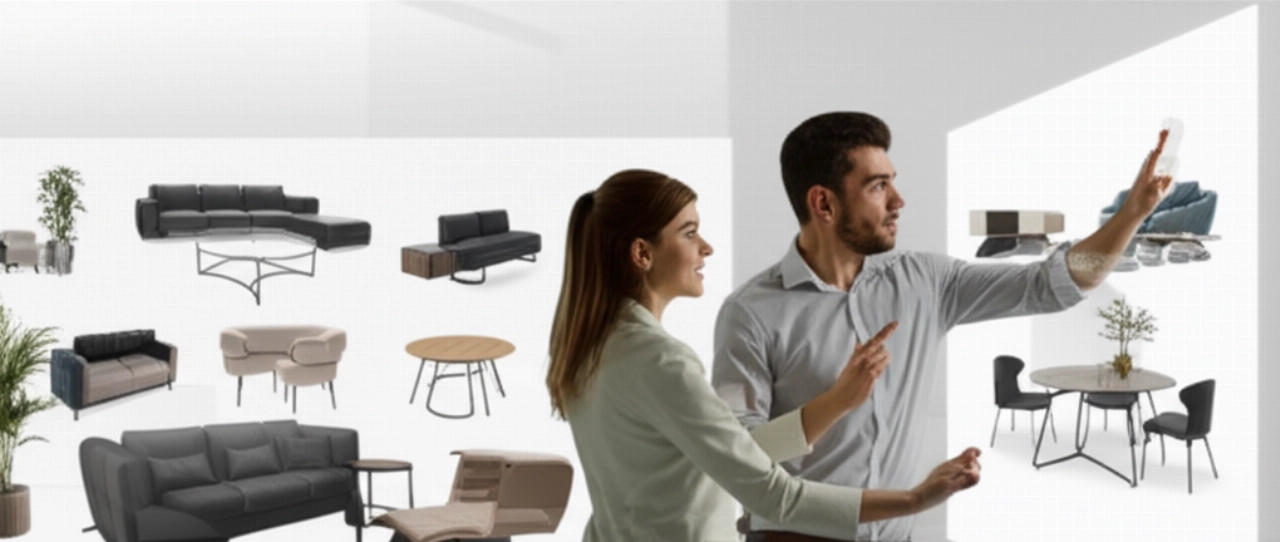 Coppia caucasica che interagisce con modelli olografici 3D di mobili in uno showroom virtuale, evidenziando la visualizzazione avanzata per l'e-commerce di mobili.
