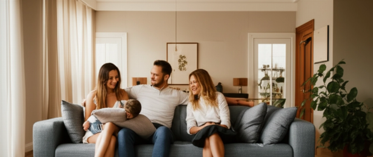 Famiglia caucasica che si rilassa felicemente sui nuovi mobili in un soggiorno splendidamente arredato, a simboleggiare la soddisfazione dell'acquisto di mobili online.