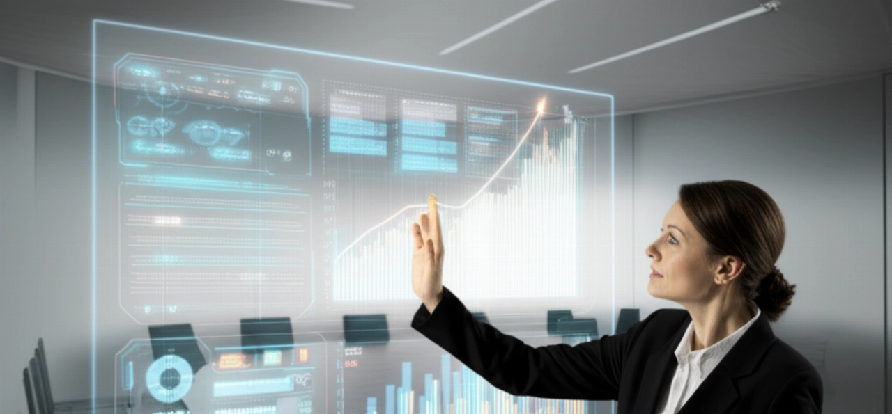 Una leader aziendale caucasica presenta con sicurezza visualizzazioni di dati dinamiche e astratte su un grande display olografico in una sala riunioni futuristica, simboleggiando intuizioni digitali di successo.