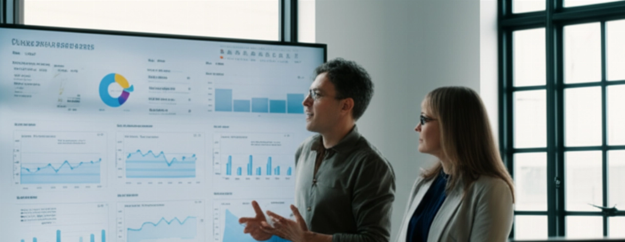 Un consulente GA4 caucasico e una cliente caucasica discutono in modo collaborativo dashboard di dati su un grande schermo in uno spazio di co-working luminoso e moderno, enfatizzando le intuizioni strategiche.