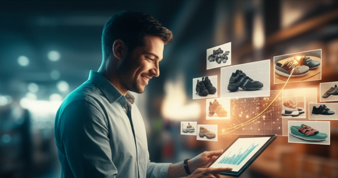 Un proprietario di piccola attività caucasico sorridente osserva felicemente una tendenza di vendite in crescita su un tablet, circondato da prodotti stilizzati, simboleggiando la crescita e il successo e-commerce da Google Shopping Ads.