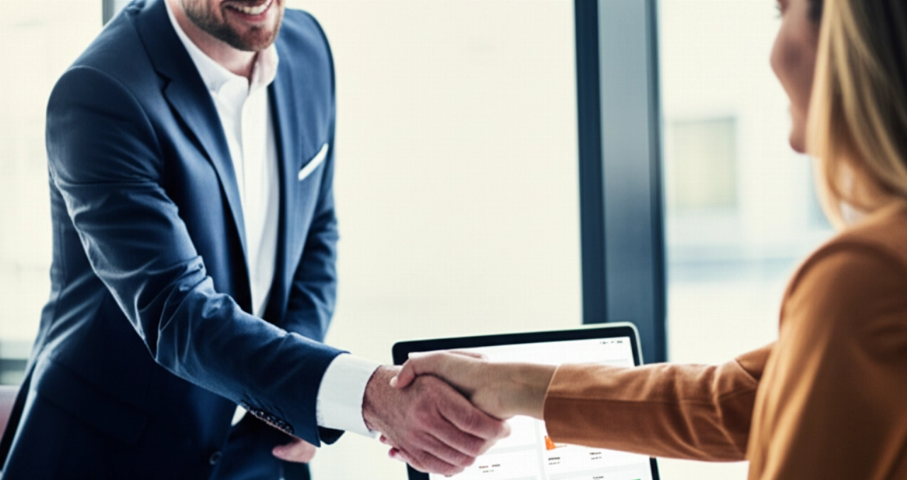 Un esperto di agenzia caucasico professionale stringe la mano a una cliente caucasica in una moderna sala riunioni, significando fiducia, partnership e collaborazione di successo per Google Shopping Ads.