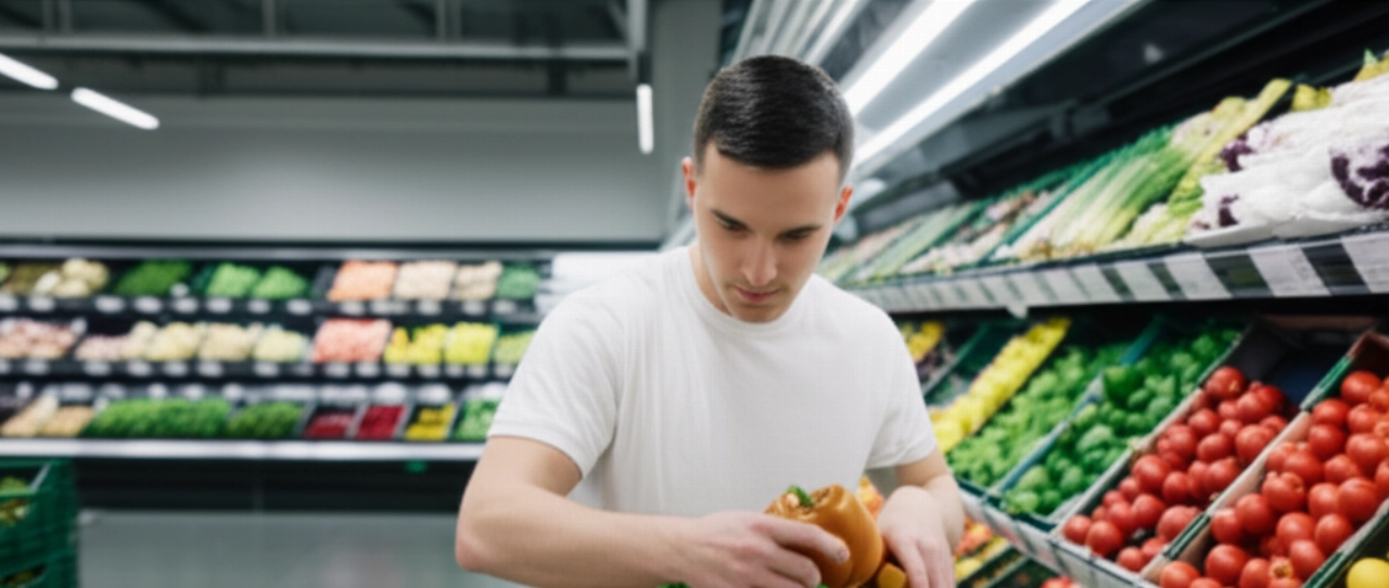 Un lavoratore caucasico in un centro di evasione ordini di e-commerce alimentare seleziona attentamente prodotti freschi e biologici per un ordine.