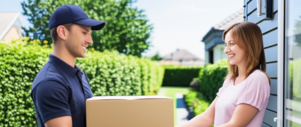 Un autista di consegne caucasico consegna una scatola di generi alimentari a una cliente caucasica sorridente sulla soglia di casa sua.