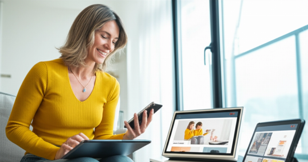 Immagine iperrealistica di una donna caucasica sorridente che interagisce senza soluzione di continuità con un prodotto su tablet, smartphone e display intelligente, mostrando un'esperienza di acquisto personalizzata su più dispositivi in un ambiente mode