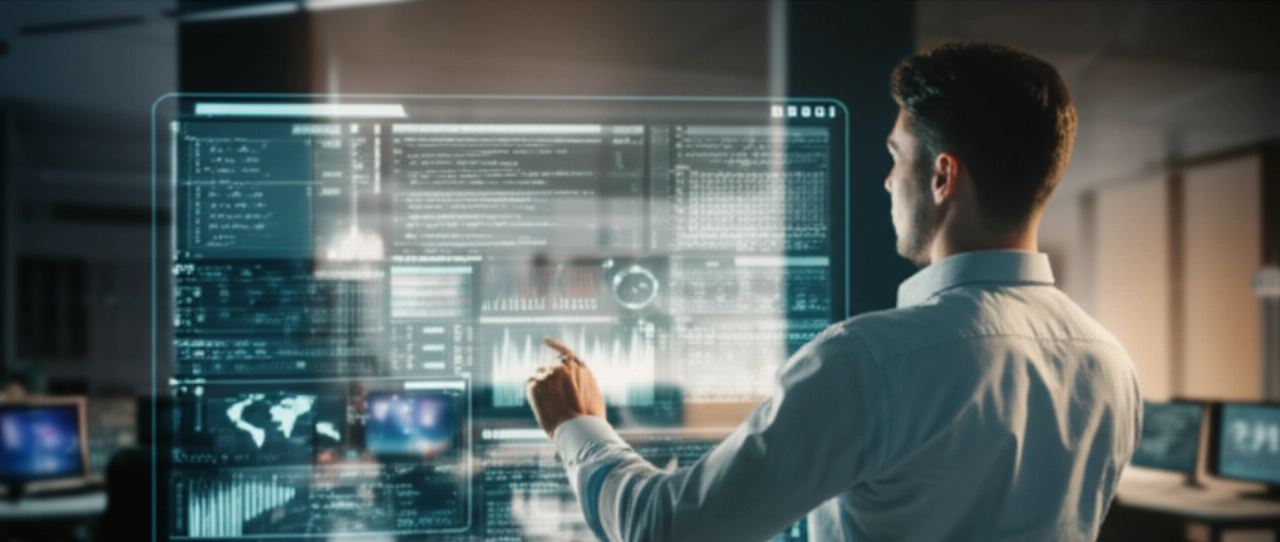 Immagine iperrealistica di uno sviluppatore caucasico concentrato che interagisce con sicurezza con un grande display olografico che mostra dati e codice complessi, simboleggiando innovazione e controllo strategico in un moderno ufficio tecnologico.
