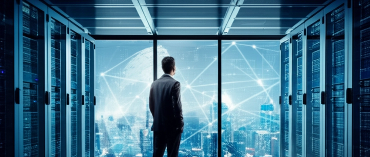 Un dirigente d'azienda caucasico in piedi in un data center high-tech, che osserva una vasta città digitale, rappresentando la scalabilità e la portata globale abilitate dal headless commerce.