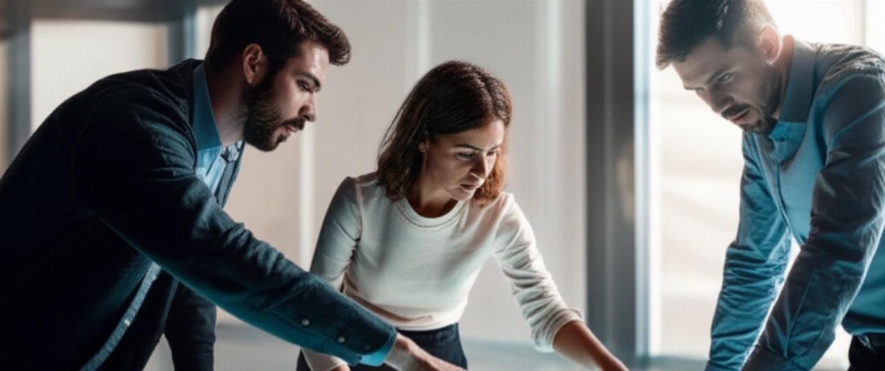 Un team di professionisti tecnologici caucasici che collaborano attorno a un display interattivo, discutendo l'architettura complessa del headless commerce e la strategia digitale.