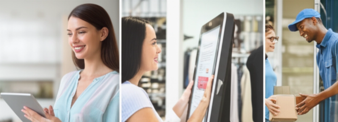 Donna caucasica che vive un'esperienza cliente omnichannel senza interruzioni, evidenziando il commercio unificato.