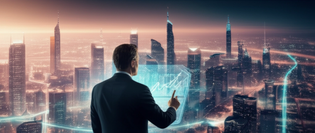Paesaggio urbano futuristico con flussi di dati, che simboleggia la scalabilità e l'innovazione del commercio headless.